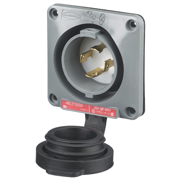 Watertight Flanged Locking Inlet, 30 A, 480V AC, Three Phase, 3 Pole, Flush Mount, Screw Terminals